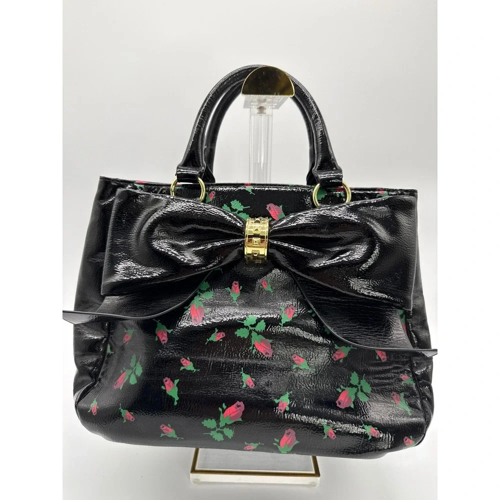 Betsey Johnson Satchel Womens Small Black Excellent Rose Print Bow Patent Bag